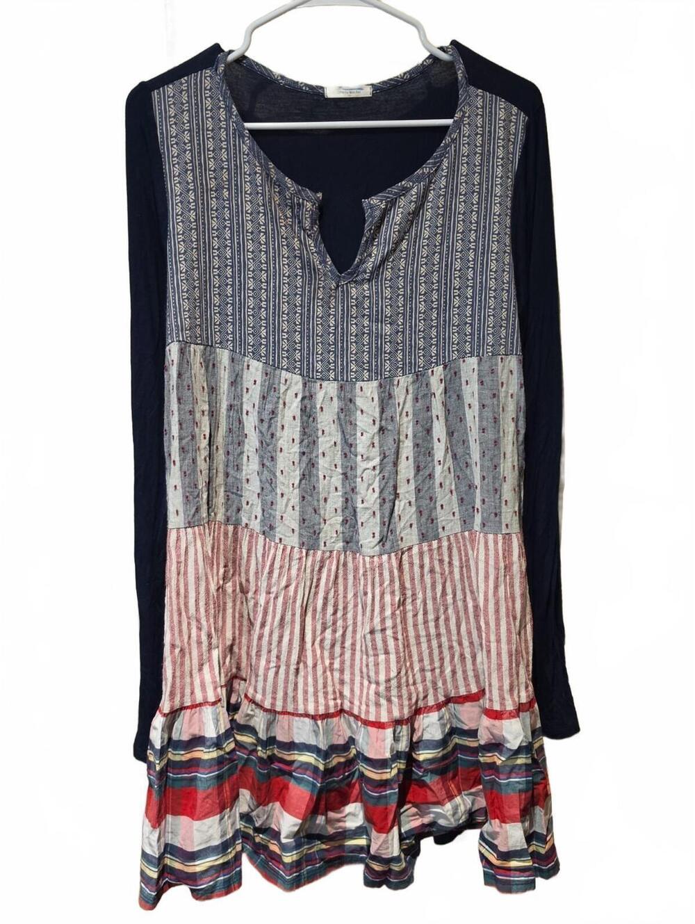 Mon Ami 12pm Tunic Top  Patchwork Boho Hippie Bottom Long Sleeve Knit Top Large